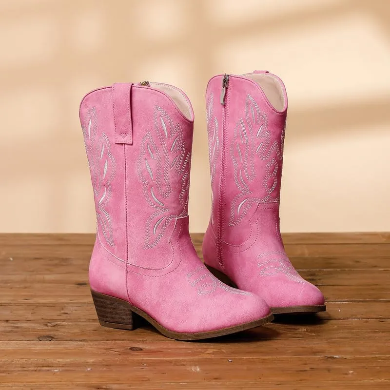 Cowgirl Boots for Little Girls Mid Calf Pointed Toe Kid Cowboy Boots Side Zipper Classic Embroidered Western Boots Horse Riding Shoes Party for Toddler Little Big Kids