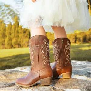 Cowgirl Boots for Little Girls Mid Calf Pointed Toe Kid Cowboy Boots Side Zipper Classic Embroidered Western Boots Horse Riding Shoes Party for Toddler Little Big Kids