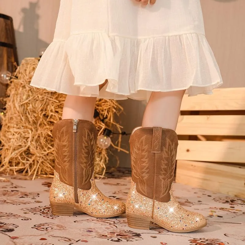 Cowgirl Boots for Little Girls Mid Calf Pointed Toe Kid Cowboy Boots Side Zipper Classic Embroidered Western Boots Horse Riding Shoes Party for Toddler Little Big Kids