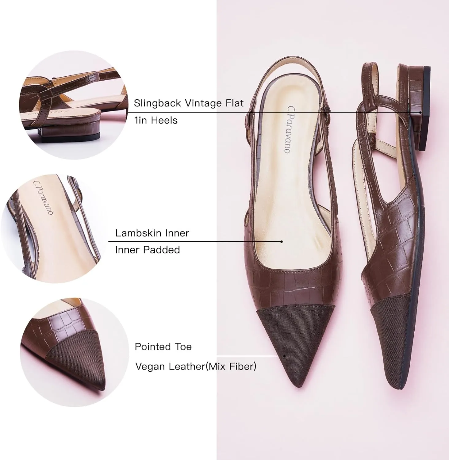 C.Paravano Women's Pointed Toe Slingback Flats | Comfort Heeled Sandals | Slip-On Flats | Perfect for Casual, Business, Party, Date