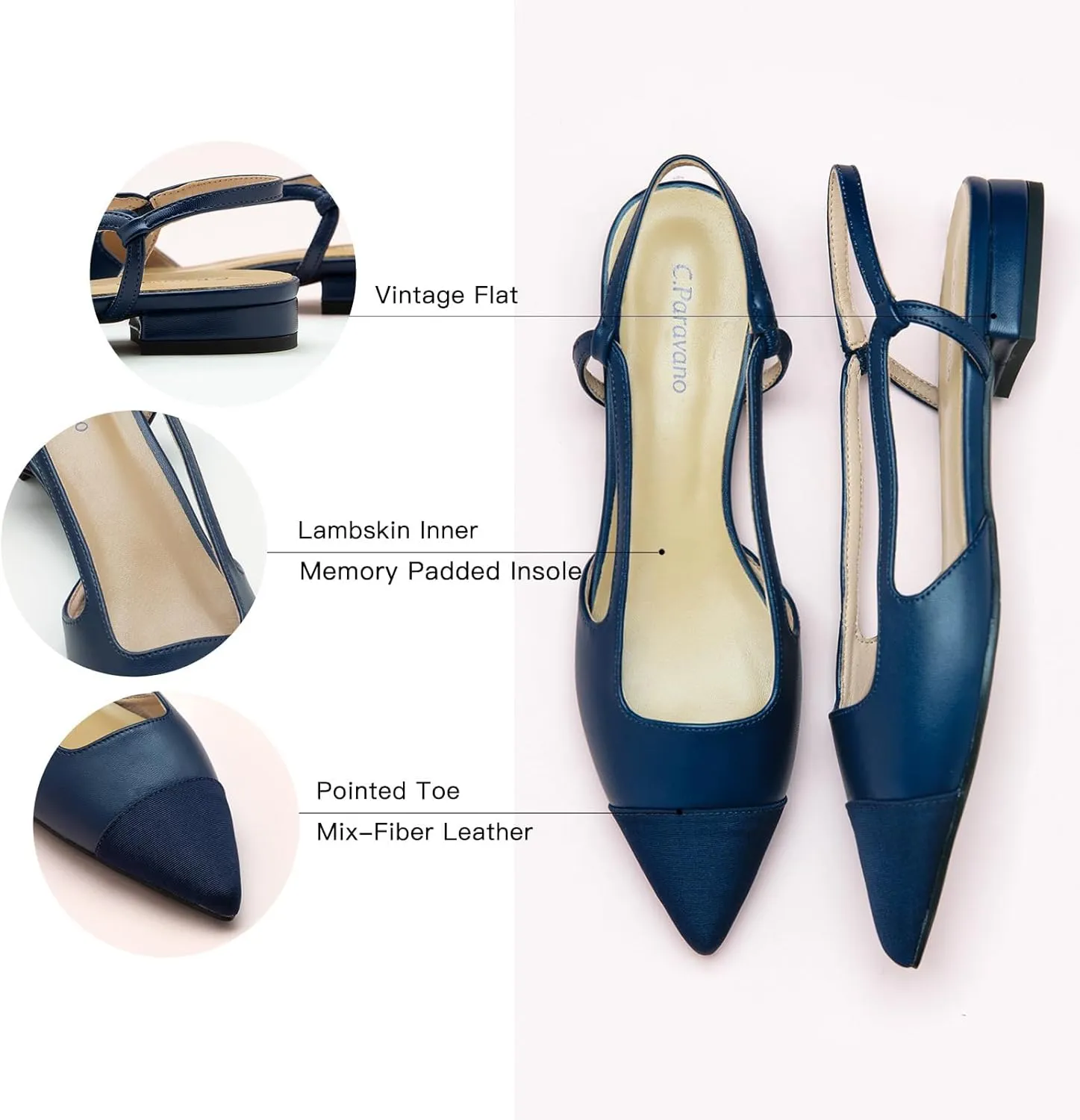 C.Paravano Women's Pointed Toe Slingback Flats | Comfort Heeled Sandals | Slip-On Flats | Perfect for Casual, Business, Party, Date
