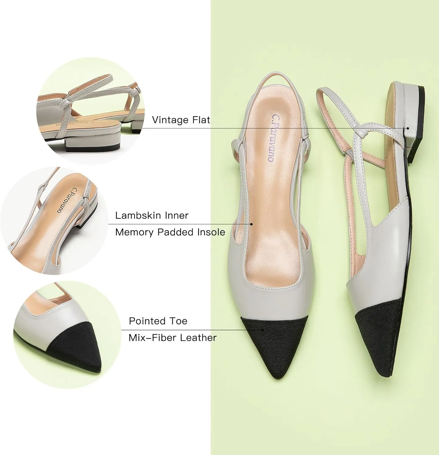 C.Paravano Women's Pointed Toe Slingback Flats | Comfort Heeled Sandals | Slip-On Flats | Perfect for Casual, Business, Party, Date