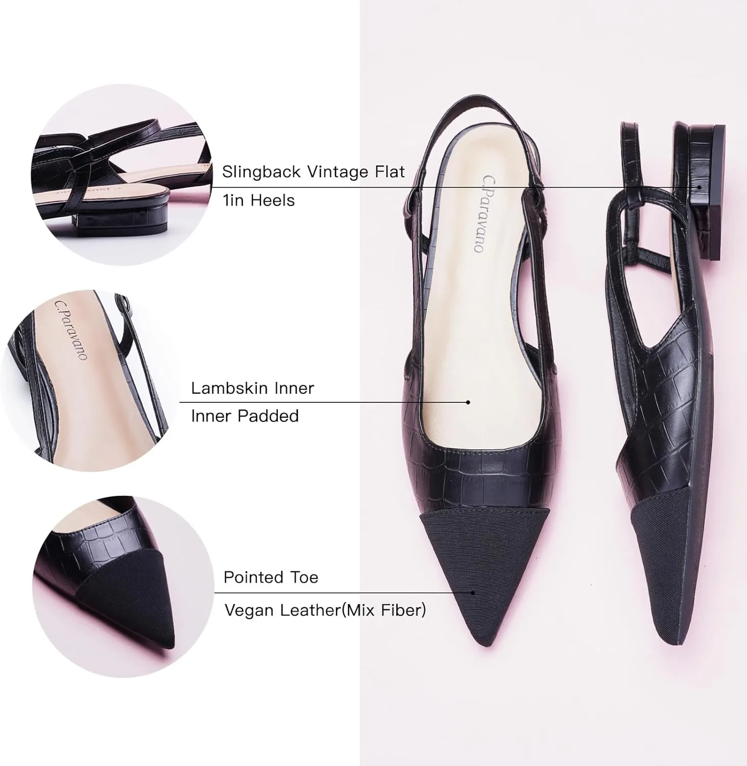 C.Paravano Women's Pointed Toe Slingback Flats | Comfort Heeled Sandals | Slip-On Flats | Perfect for Casual, Business, Party, Date