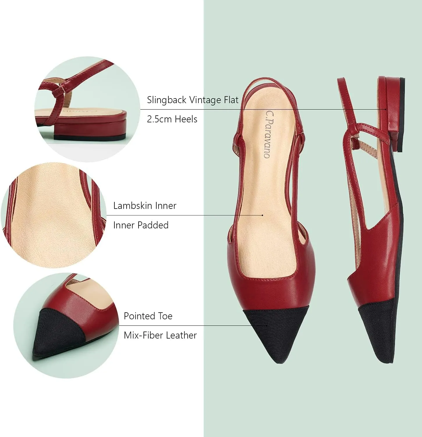 C.Paravano Women's Pointed Toe Slingback Flats | Comfort Heeled Sandals | Slip-On Flats | Perfect for Casual, Business, Party, Date