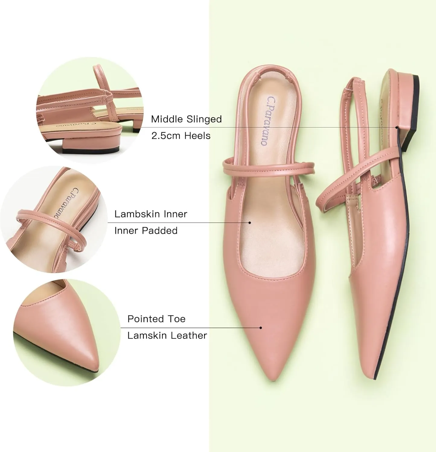 C.Paravano Women's Slingback Flats & Heels - Pointed Toe, Ankle Strap, Comfortable Leather Dress Shoes