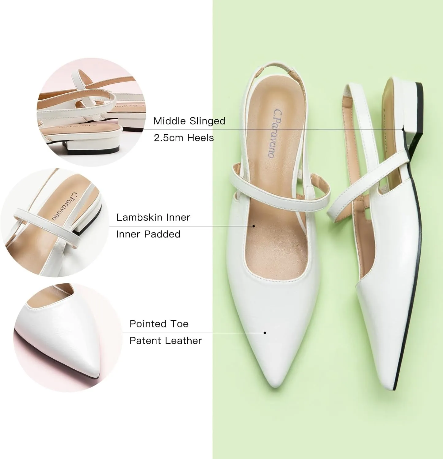 C.Paravano Women's Slingback Flats & Heels - Pointed Toe, Ankle Strap, Comfortable Leather Dress Shoes