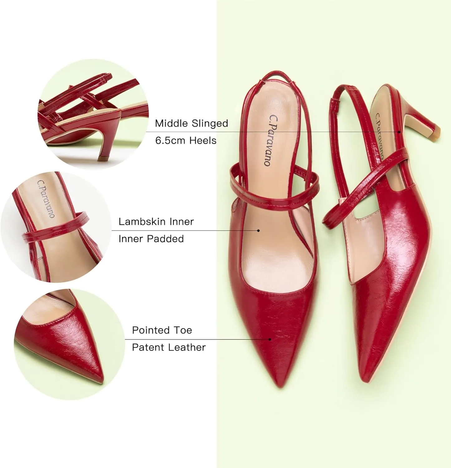 C.Paravano Women's Slingback Flats & Heels - Pointed Toe, Ankle Strap, Comfortable Leather Dress Shoes