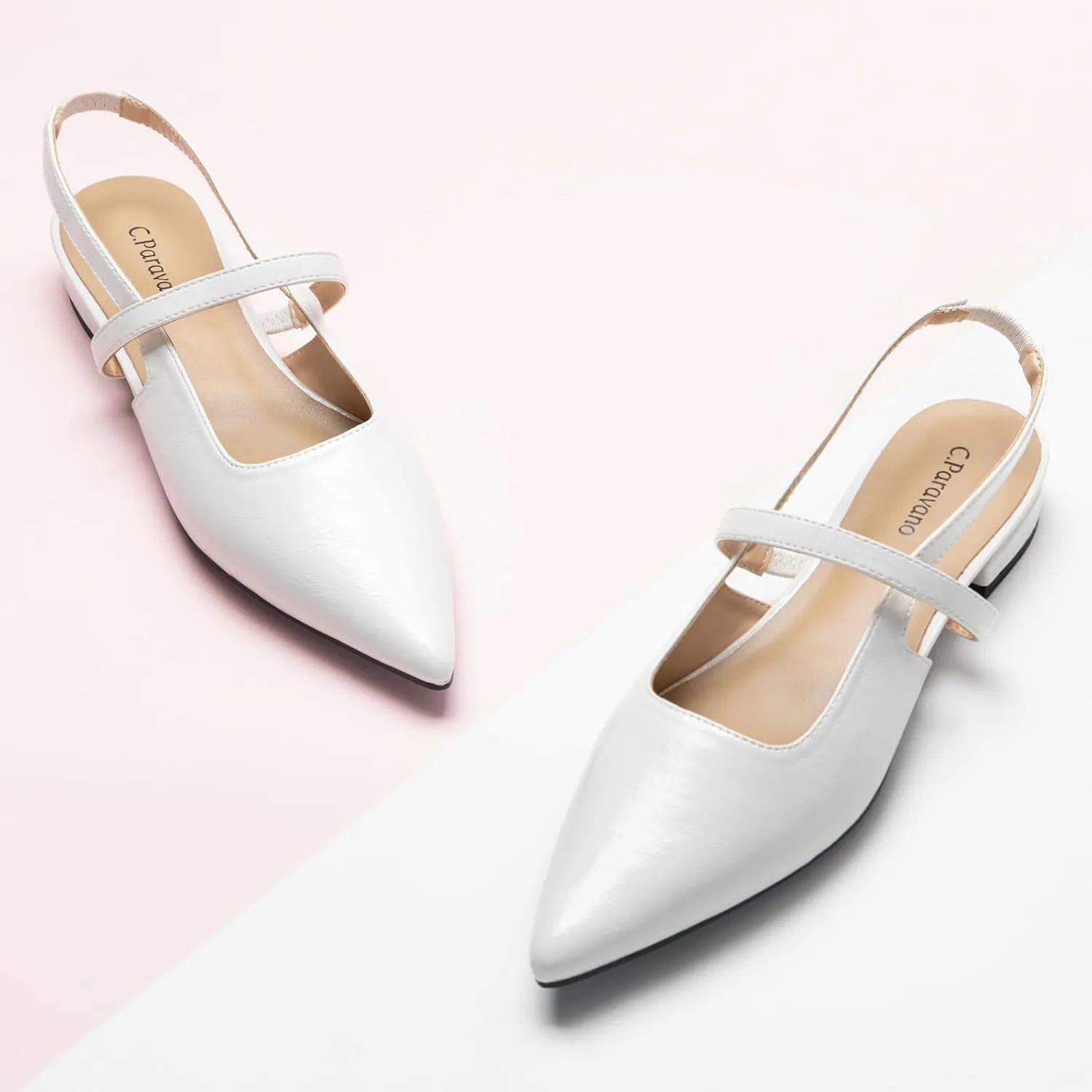 C.Paravano Women's Slingback Flats & Heels - Pointed Toe, Ankle Strap, Comfortable Leather Dress Shoes