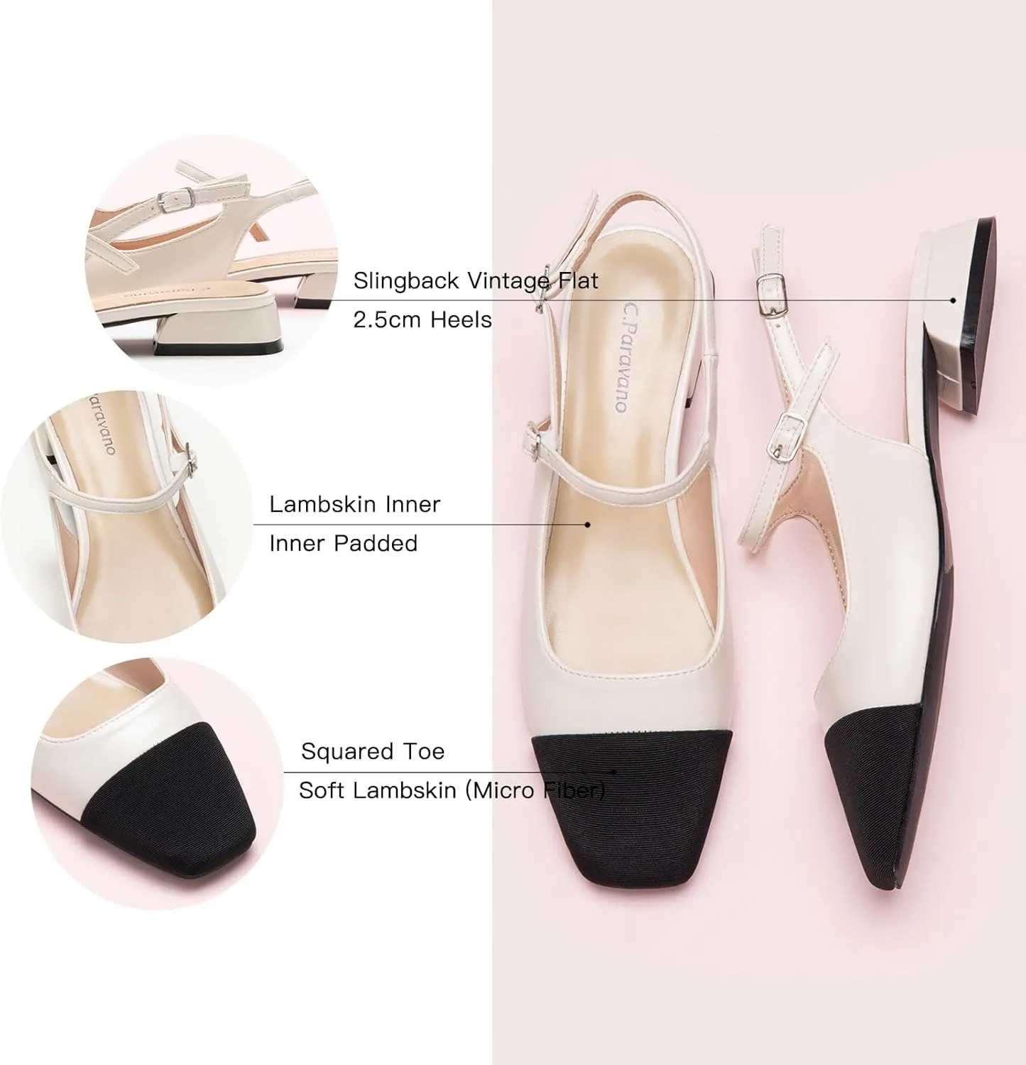 C.Paravano Women's Slingback | Square Toe Slingback Flats | Ankle Strap Flats Sandals | Slip on Casual Flats Shoes | Leather Dress Shoes for Wedding