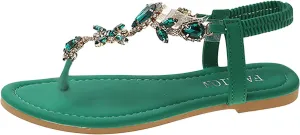 Crystal Rhinestone T-Strap Sandals for Trendy Women Summer Strappy Thong Flats with Elastic Strap Beach Flat Sandal