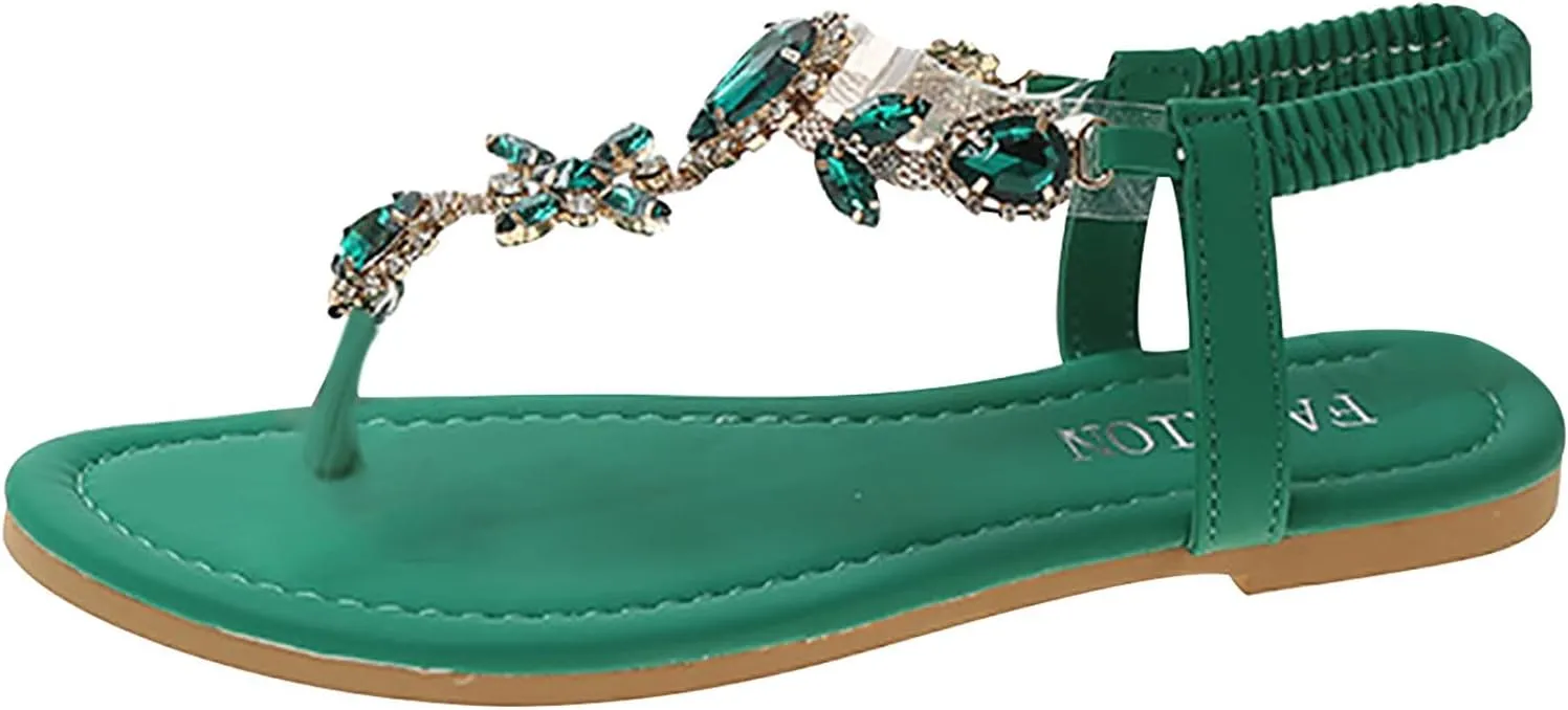 Crystal Rhinestone T-Strap Sandals for Trendy Women Summer Strappy Thong Flats with Elastic Strap Beach Flat Sandal