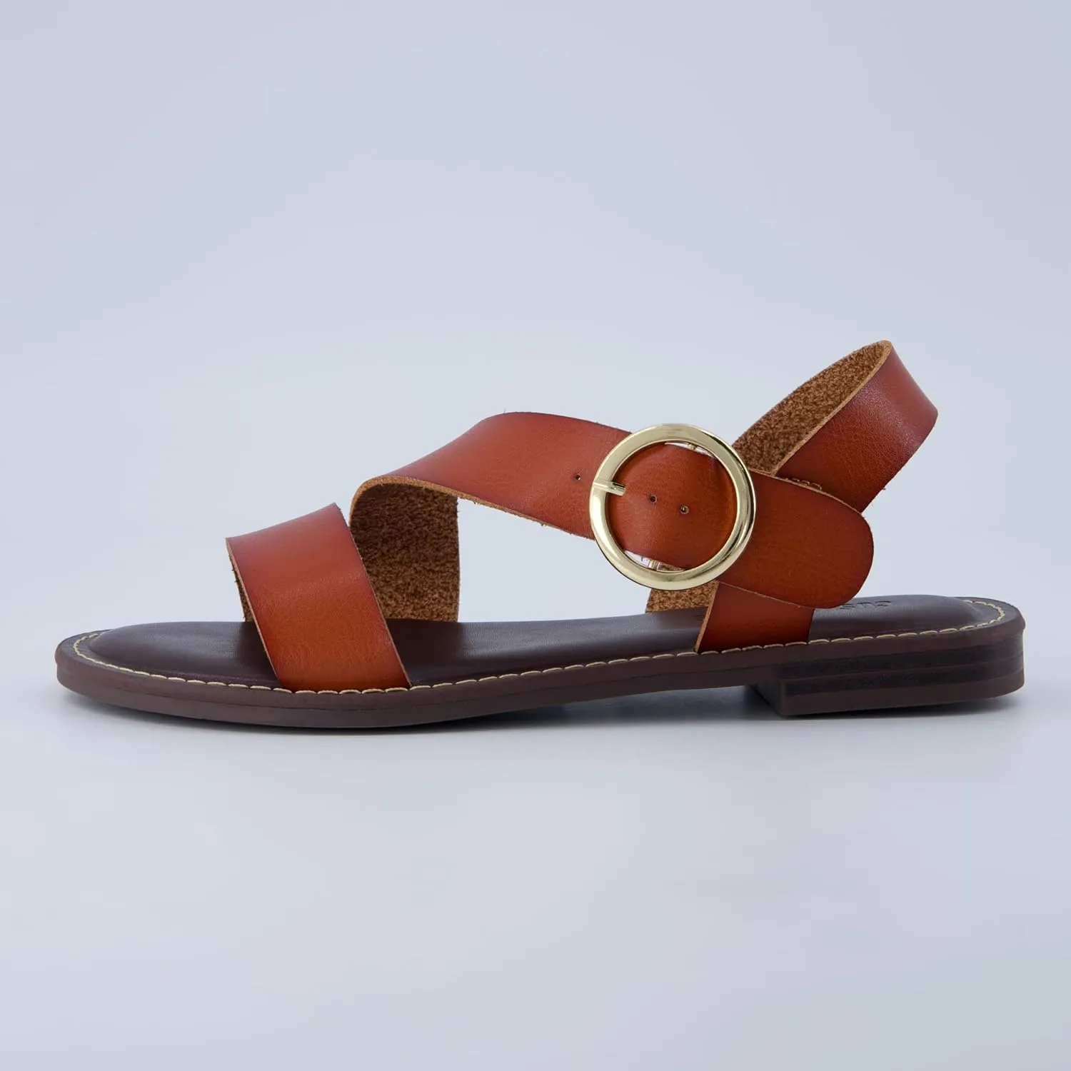 CUSHIONAIRE Lisbon Strappy Flat Sandals for Women 2025 with Adjustable Ankle Strap and Stylish Bold Buckle Accent Dressy Sandals