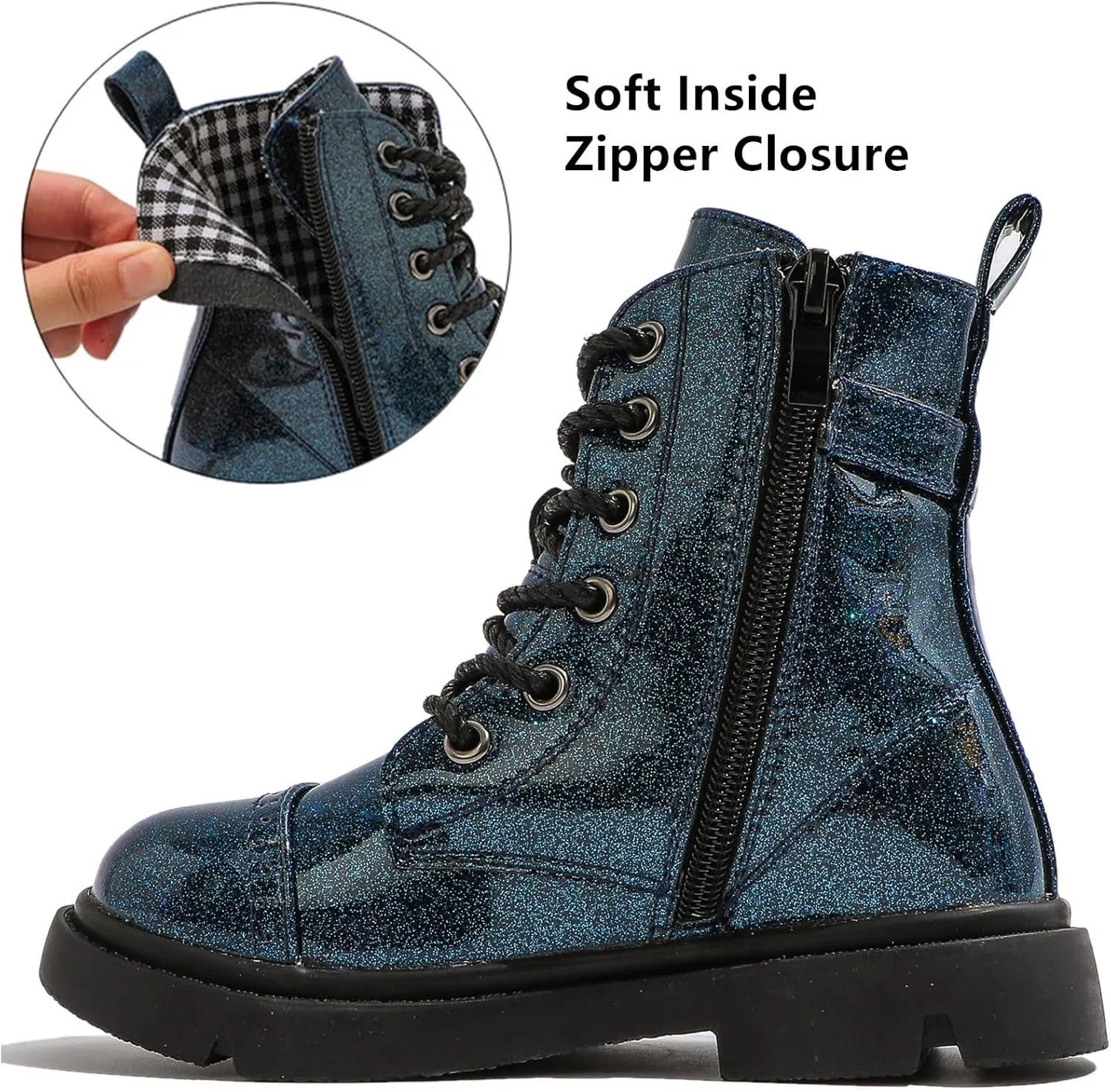 DADAWEN Boys Girls Glitter Ankle Boots Lace Up Waterproof Combat Boot With Side Zipper (Toddler/Little Kid/Big Kid)