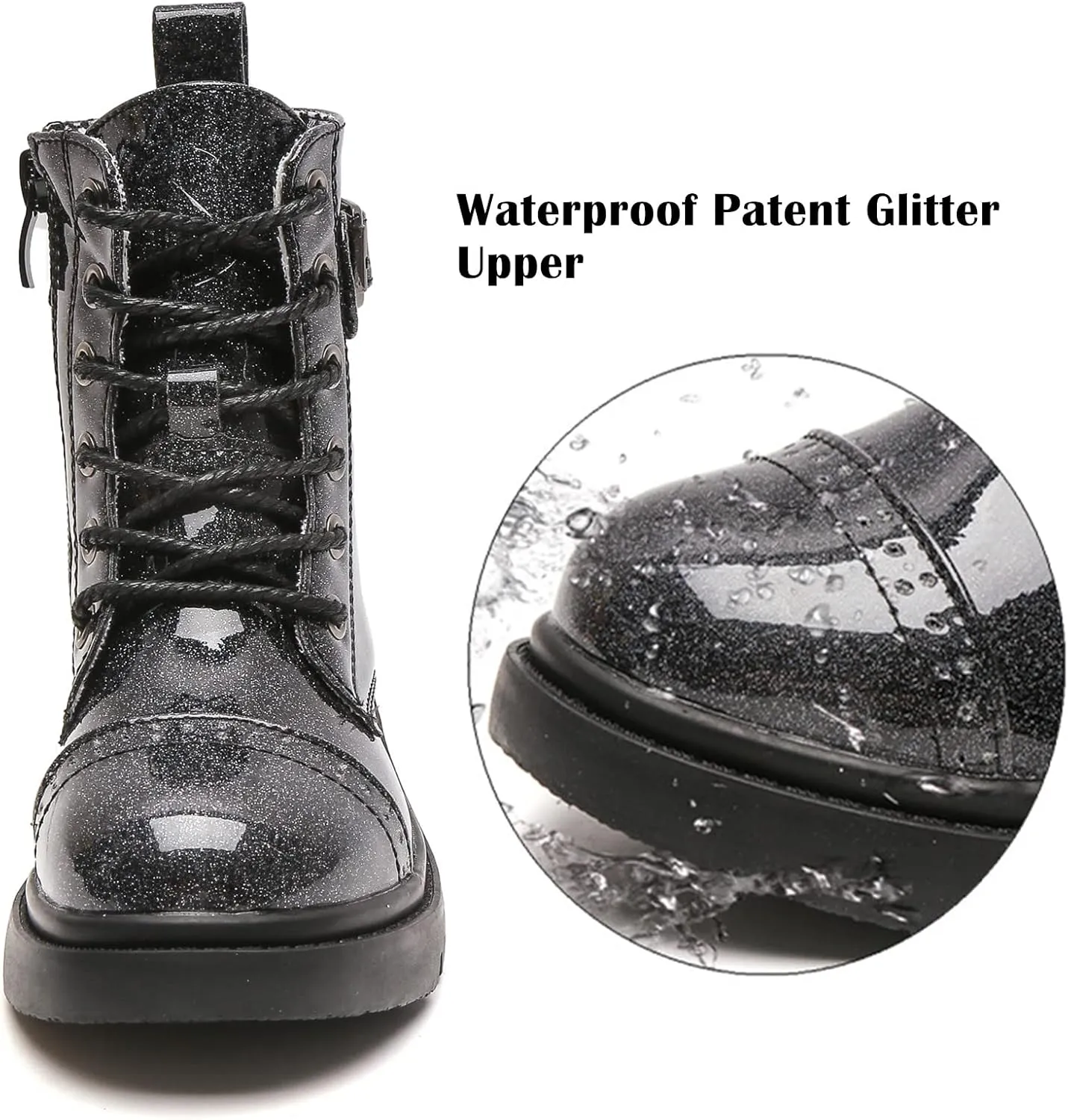 DADAWEN Boys Girls Glitter Ankle Boots Lace Up Waterproof Combat Boot With Side Zipper (Toddler/Little Kid/Big Kid)