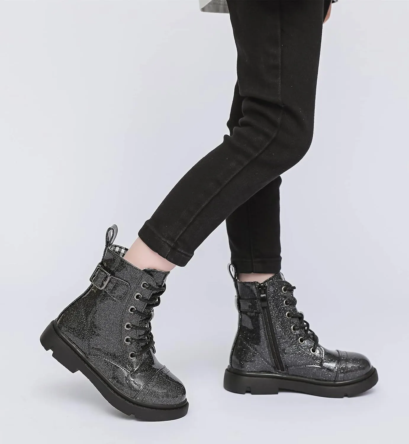 DADAWEN Boys Girls Glitter Ankle Boots Lace Up Waterproof Combat Boot With Side Zipper (Toddler/Little Kid/Big Kid)