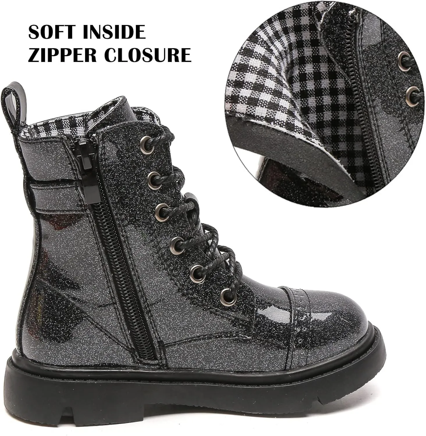DADAWEN Boys Girls Glitter Ankle Boots Lace Up Waterproof Combat Boot With Side Zipper (Toddler/Little Kid/Big Kid)