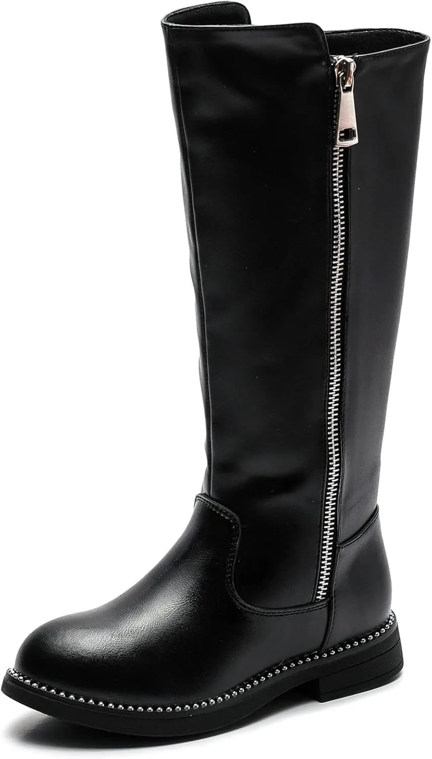 DADAWEN Girls Waterproof Leather Zipper Fur Lined Knee High Winter Riding Boots (Toddler/Little Kid/Big Kid)