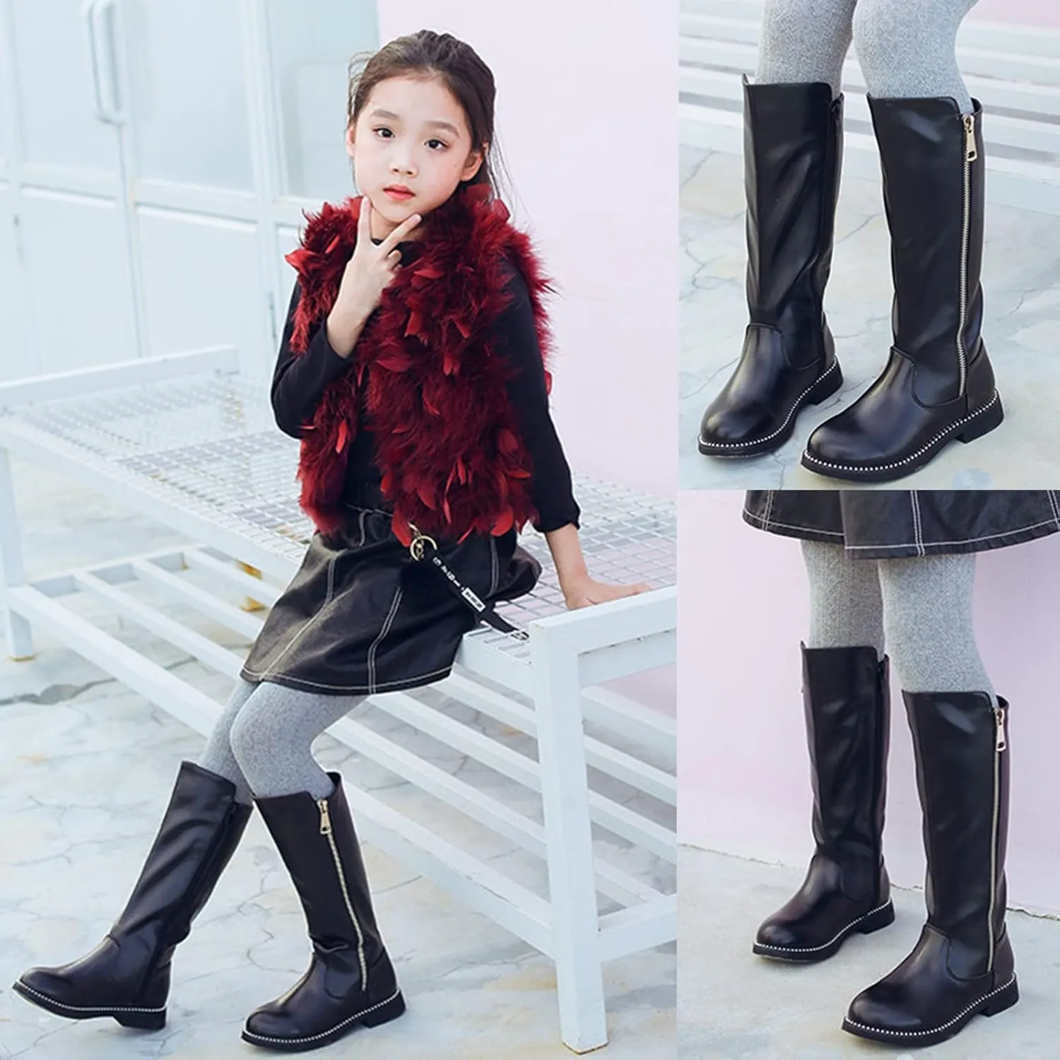 DADAWEN Girls Waterproof Leather Zipper Fur Lined Knee High Winter Riding Boots (Toddler/Little Kid/Big Kid)