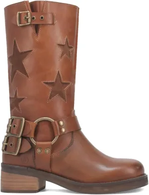 Dingo Womens Blacklist Tooled Inlay Round Toe Pull On Motorcycle Casual Boots Mid Calf Mid Heel 2-3" - Brown