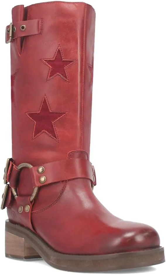 Dingo Womens Blacklist Tooled Inlay Round Toe Pull On Motorcycle Casual Boots Mid Calf Mid Heel 2-3" - Red
