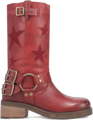 Dingo Womens Blacklist Tooled Inlay Round Toe Pull On Motorcycle Casual Boots Mid Calf Mid Heel 2-3" - Red