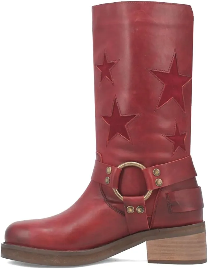 Dingo Womens Blacklist Tooled Inlay Round Toe Pull On Motorcycle Casual Boots Mid Calf Mid Heel 2-3" - Red