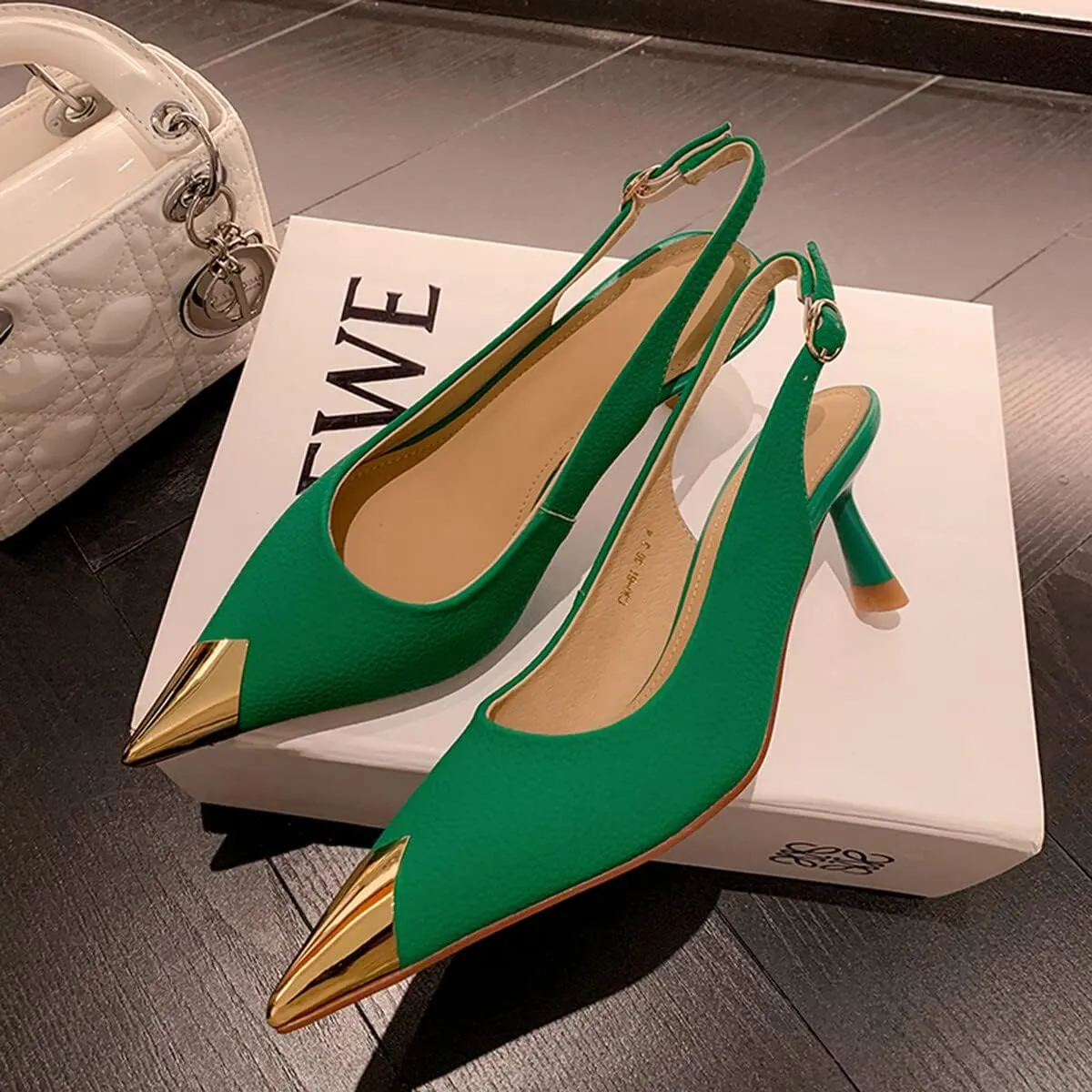 Divanne Slingback Pumps, Women's Pointed Toe Low Heel Sandals Slingback Strap Kitten Heel Pumps Evening Party Wedding Shoes