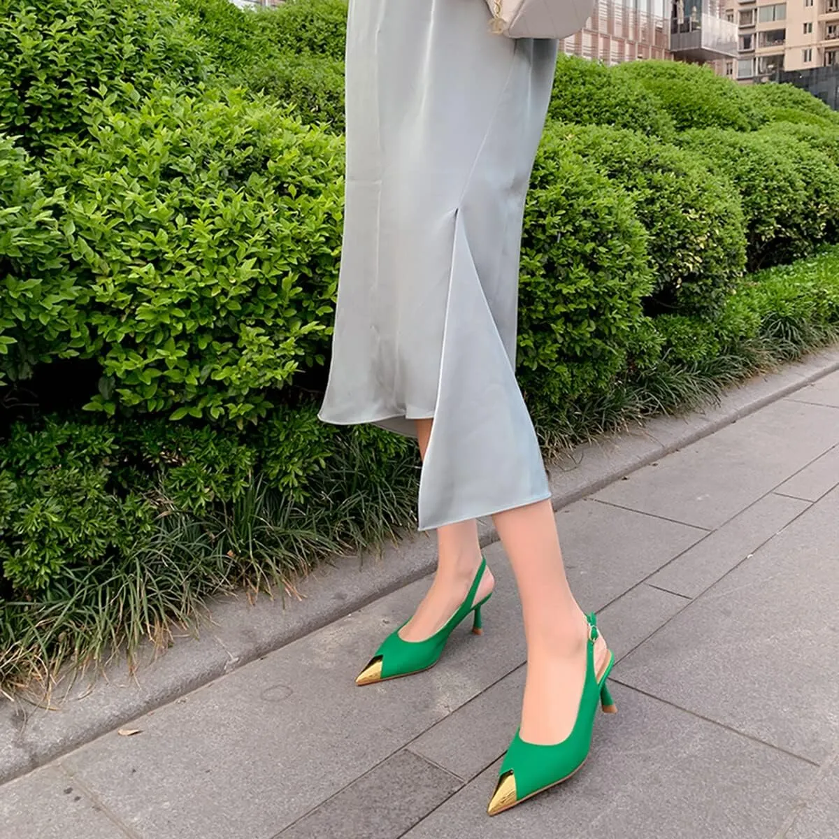 Divanne Slingback Pumps, Women's Pointed Toe Low Heel Sandals Slingback Strap Kitten Heel Pumps Evening Party Wedding Shoes