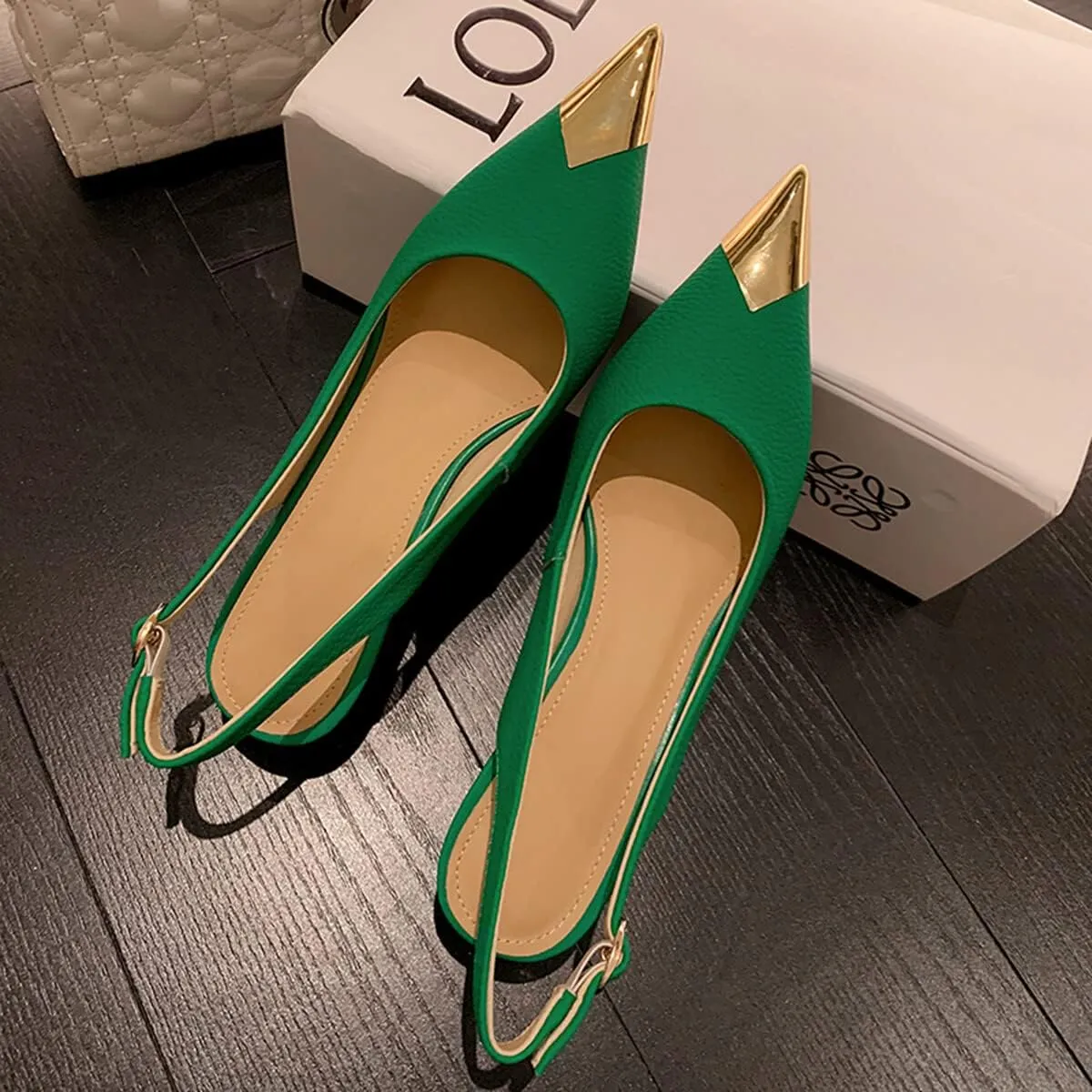 Divanne Slingback Pumps, Women's Pointed Toe Low Heel Sandals Slingback Strap Kitten Heel Pumps Evening Party Wedding Shoes