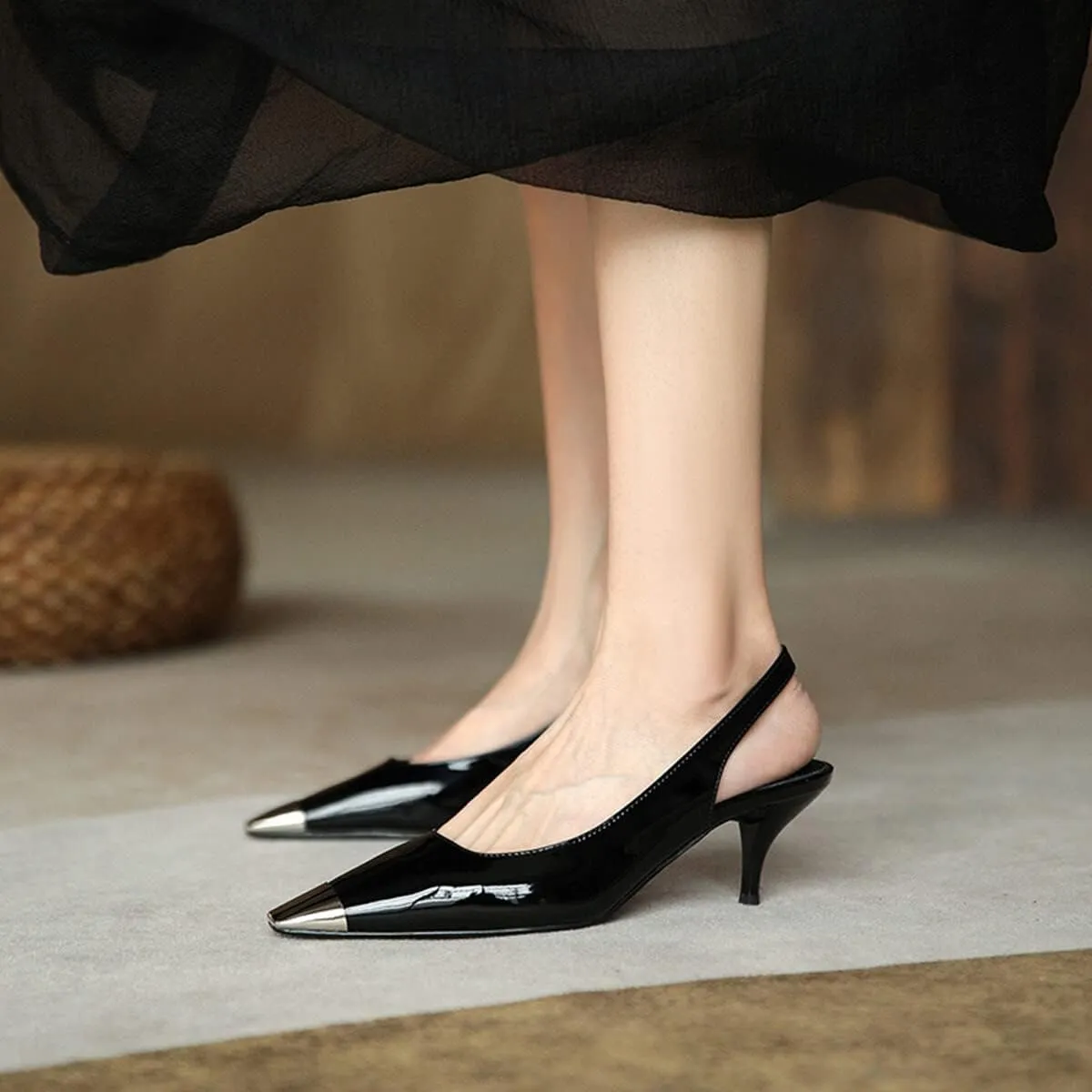 Divanne Slingback Pumps, Women's Pointed Toe Low Heel Sandals Slingback Strap Kitten Heel Pumps Evening Party Wedding Shoes