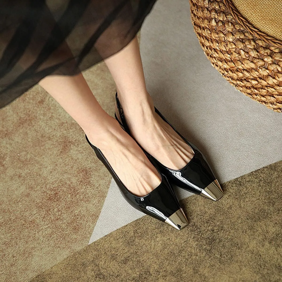Divanne Slingback Pumps, Women's Pointed Toe Low Heel Sandals Slingback Strap Kitten Heel Pumps Evening Party Wedding Shoes