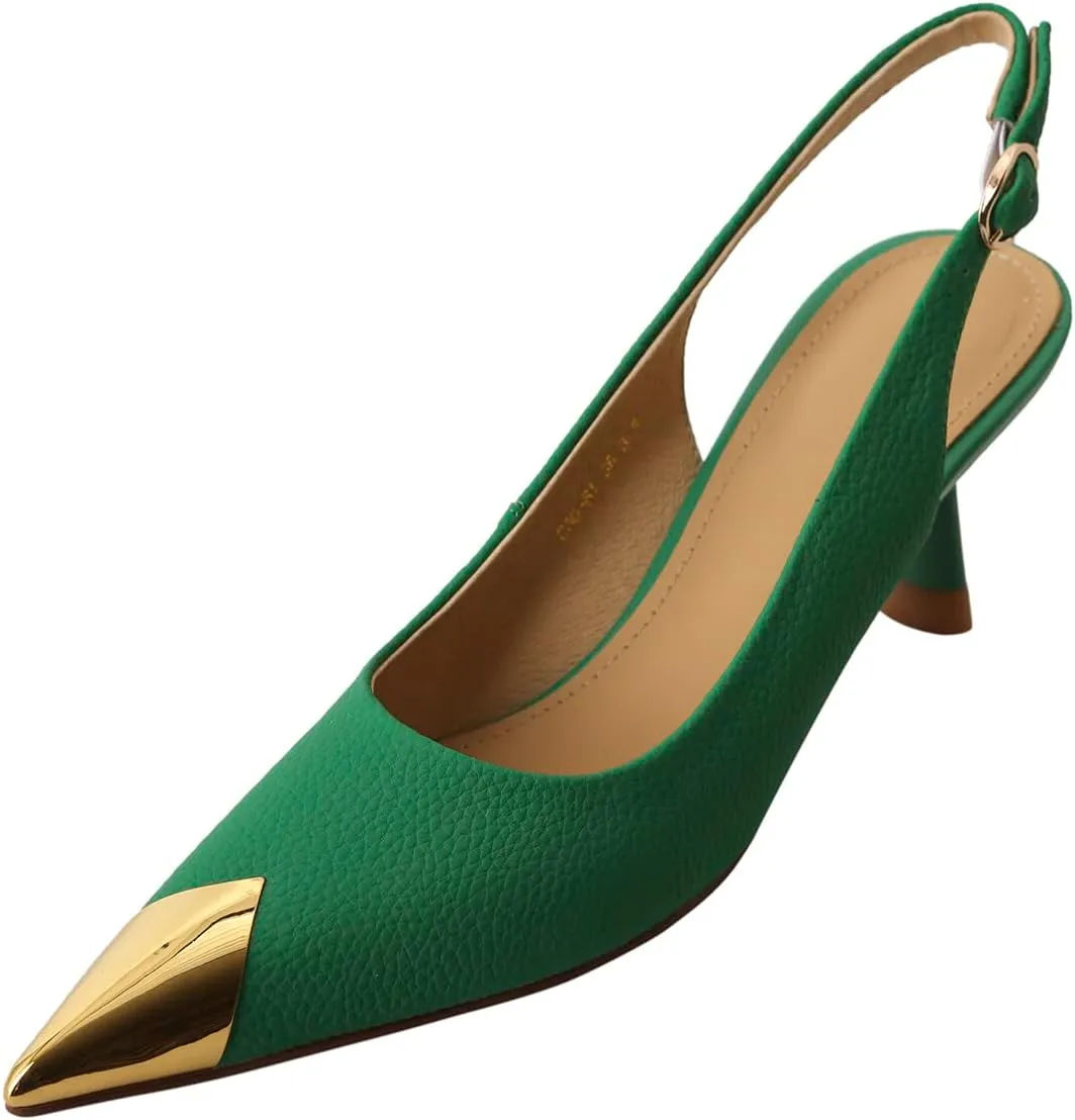 Divanne Slingback Pumps, Women's Pointed Toe Low Heel Sandals Slingback Strap Kitten Heel Pumps Evening Party Wedding Shoes