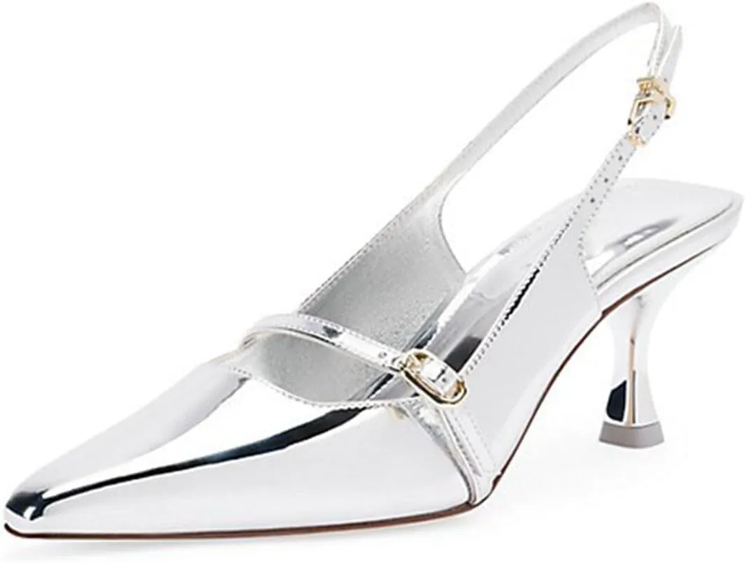 Divanne Slingback Pumps, Women's Pointed Toe Low Heel Sandals Slingback Strap Kitten Heel Pumps Evening Party Wedding Shoes