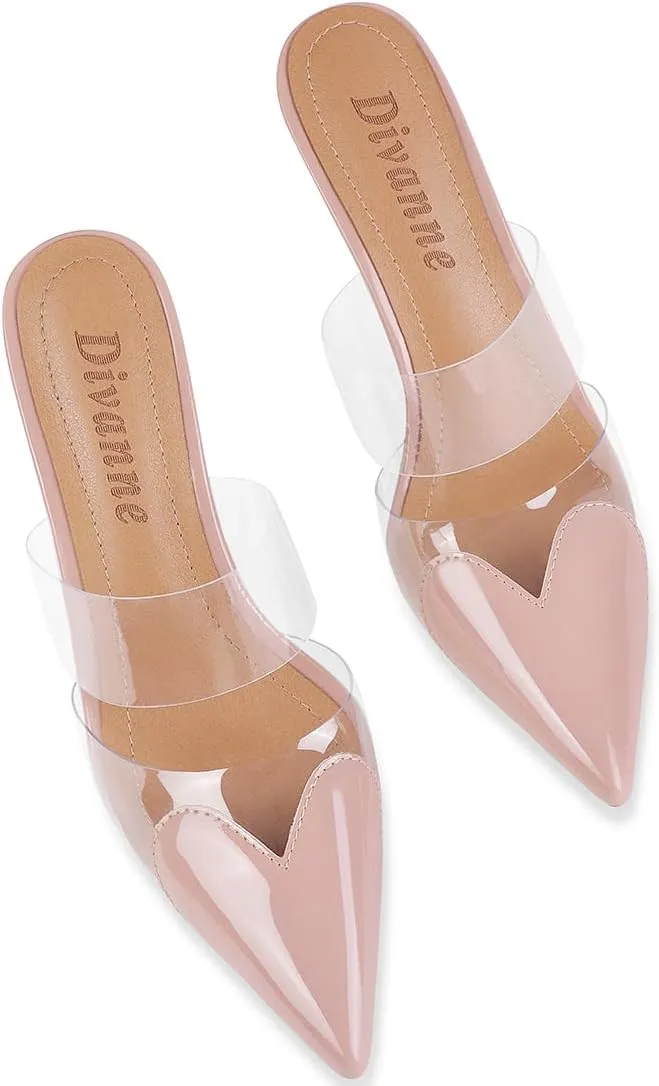 Divanne Women's Heart Heeled Mules Pointed Toe Mule Pumps High Heel Mules Slip On Clear Heeled Sandals