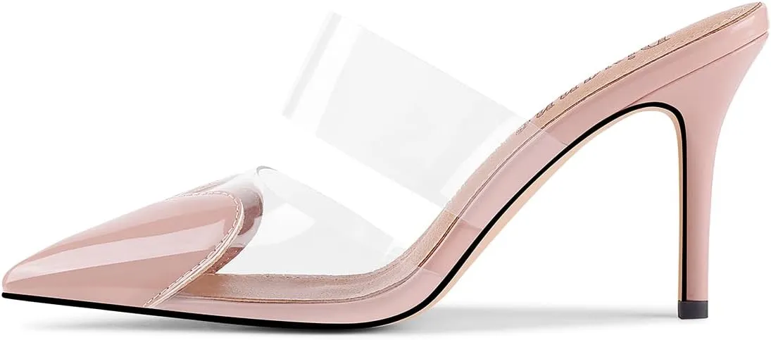 Divanne Women's Heart Heeled Mules Pointed Toe Mule Pumps High Heel Mules Slip On Clear Heeled Sandals
