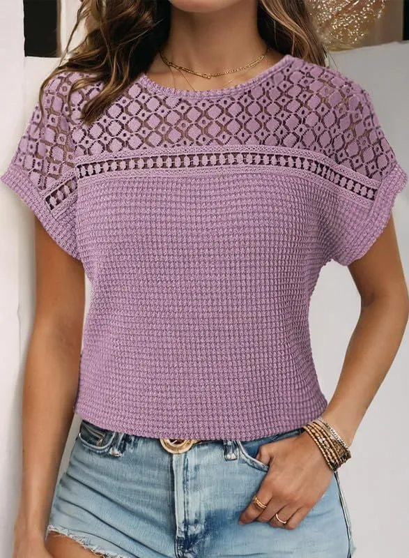 Dokotoo Women's Tops Casual Scoop Neck Short Sleeve Waffle Knit Hollow Out Shirts Loose Tunic Tops Blouses