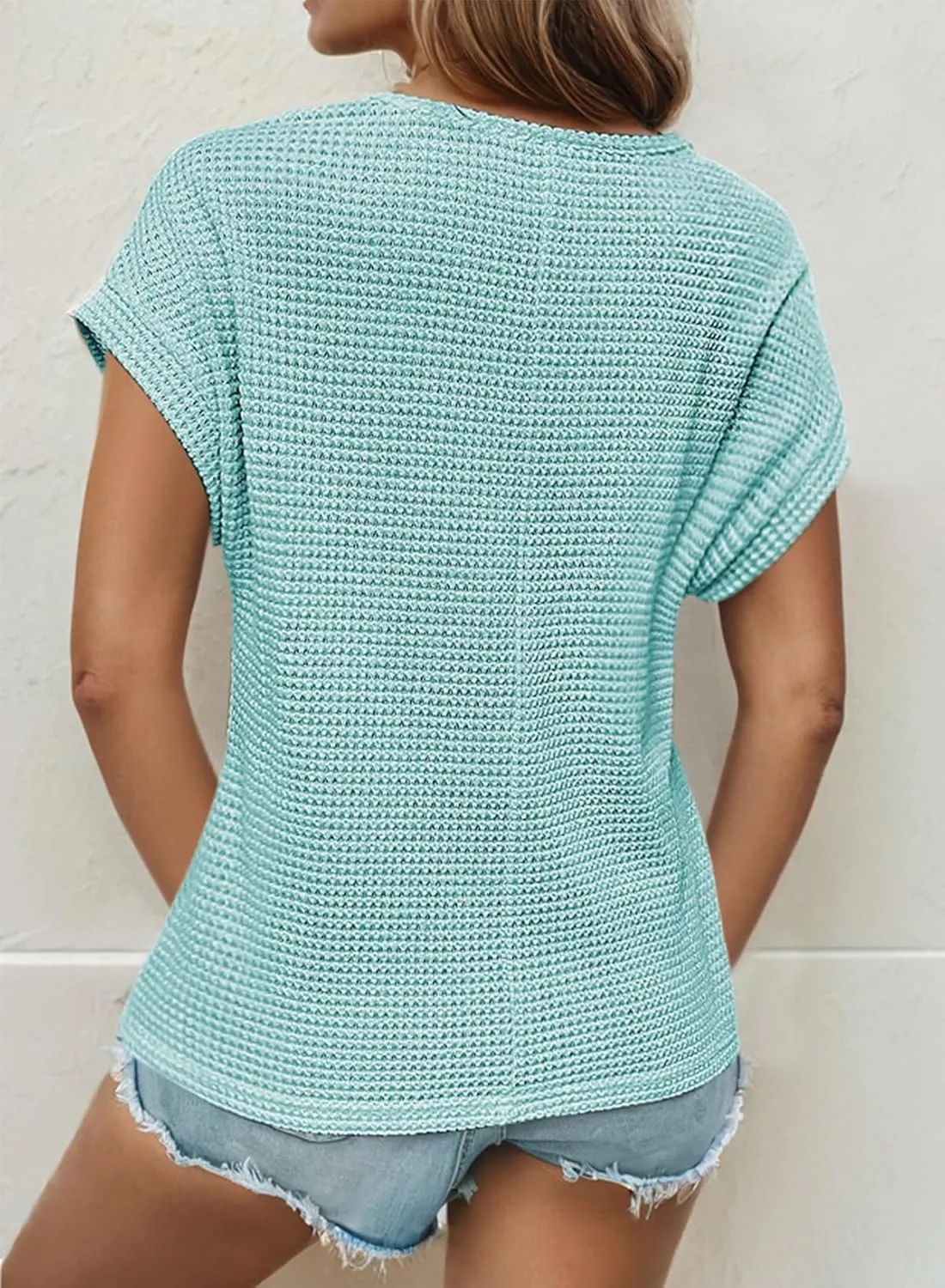 Dokotoo Women's Tops Casual Scoop Neck Short Sleeve Waffle Knit Hollow Out Shirts Loose Tunic Tops Blouses