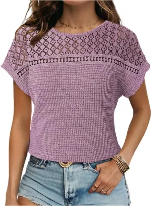 Dokotoo Women's Tops Casual Scoop Neck Short Sleeve Waffle Knit Hollow Out Shirts Loose Tunic Tops Blouses