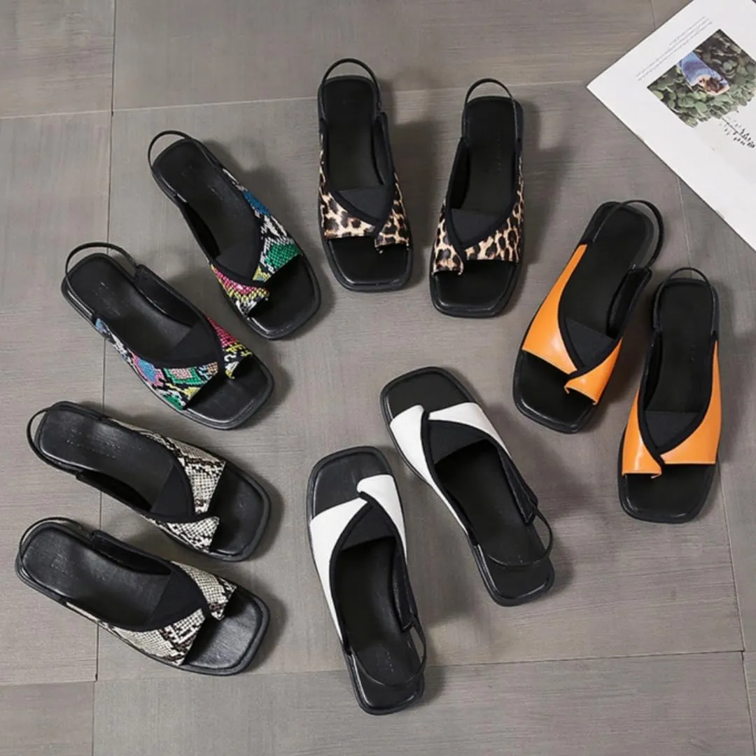 Dressy Flat Sandals for Women Toe Ring Square Opened Toe Back Strap Slip On Slide Summer Trendy Comfortable Beach Sandals
