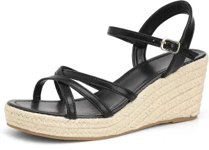 Dressy Open Toe Sandals Platform Wedge Sandals with Cushioned Insole and Ankle Strap Buckle,Strappy Espadrille Wedge Sandals for Women Comfortable Summer