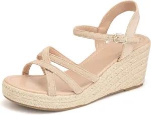Dressy Open Toe Sandals Platform Wedge Sandals with Cushioned Insole and Ankle Strap Buckle,Strappy Espadrille Wedge Sandals for Women Comfortable Summer