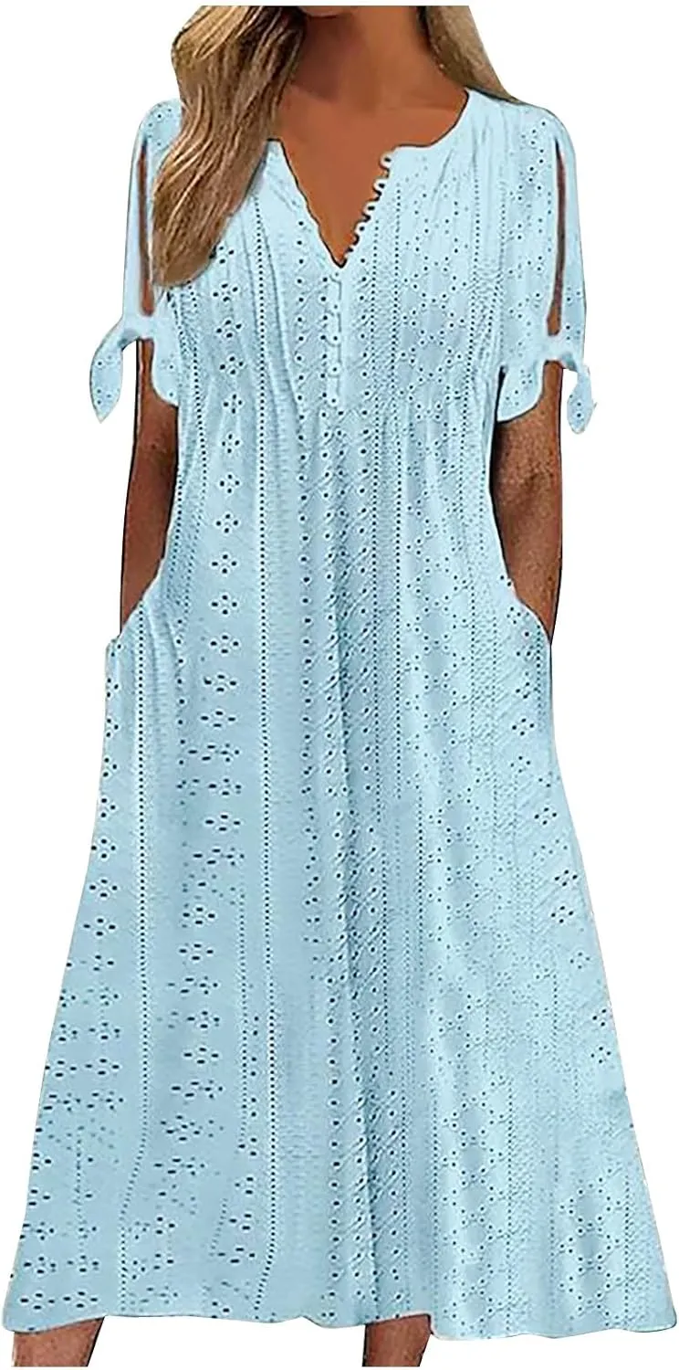 Elegant Summer Dresses for Women 2024 Trendy Tie Short Sleeve Button Down v Neck Eyelet Maxi Long Tshirt Dress