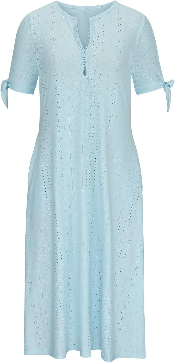 Elegant Summer Dresses for Women 2024 Trendy Tie Short Sleeve Button Down v Neck Eyelet Maxi Long Tshirt Dress