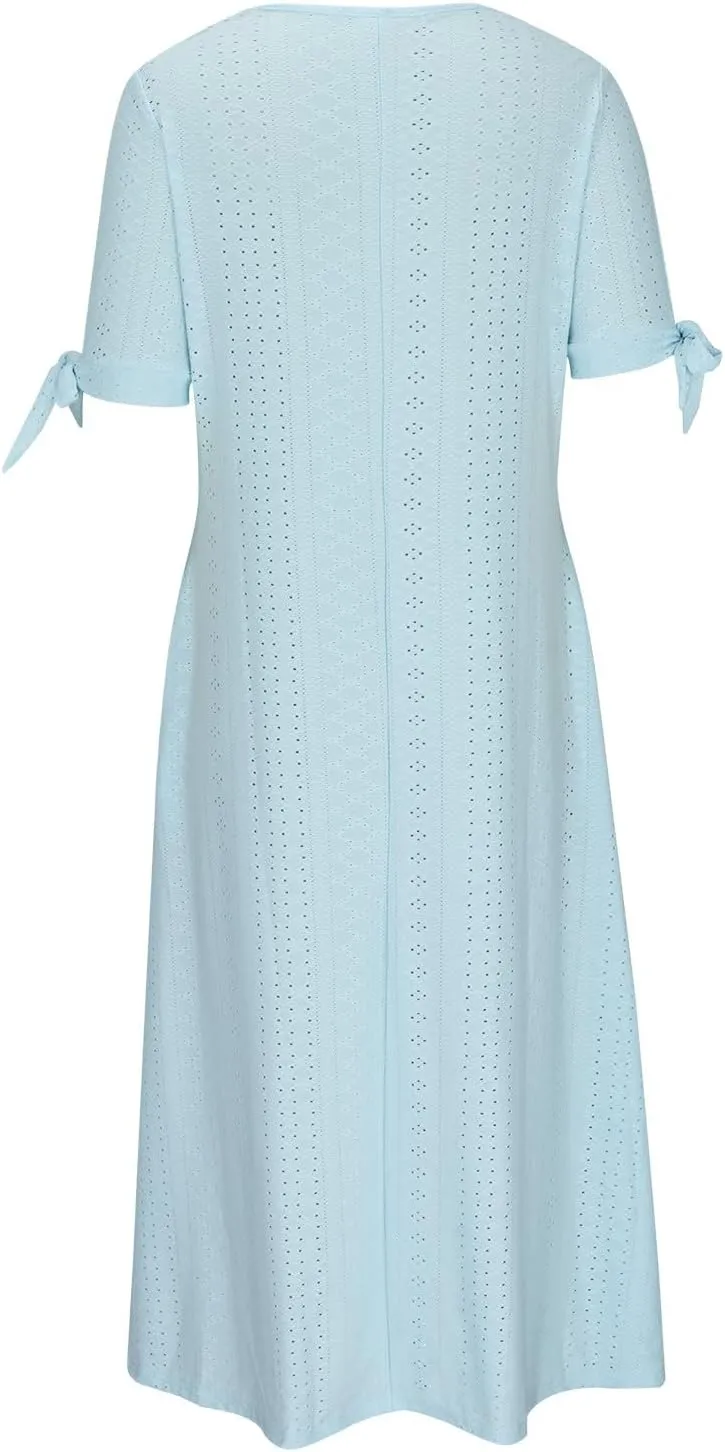 Elegant Summer Dresses for Women 2024 Trendy Tie Short Sleeve Button Down v Neck Eyelet Maxi Long Tshirt Dress