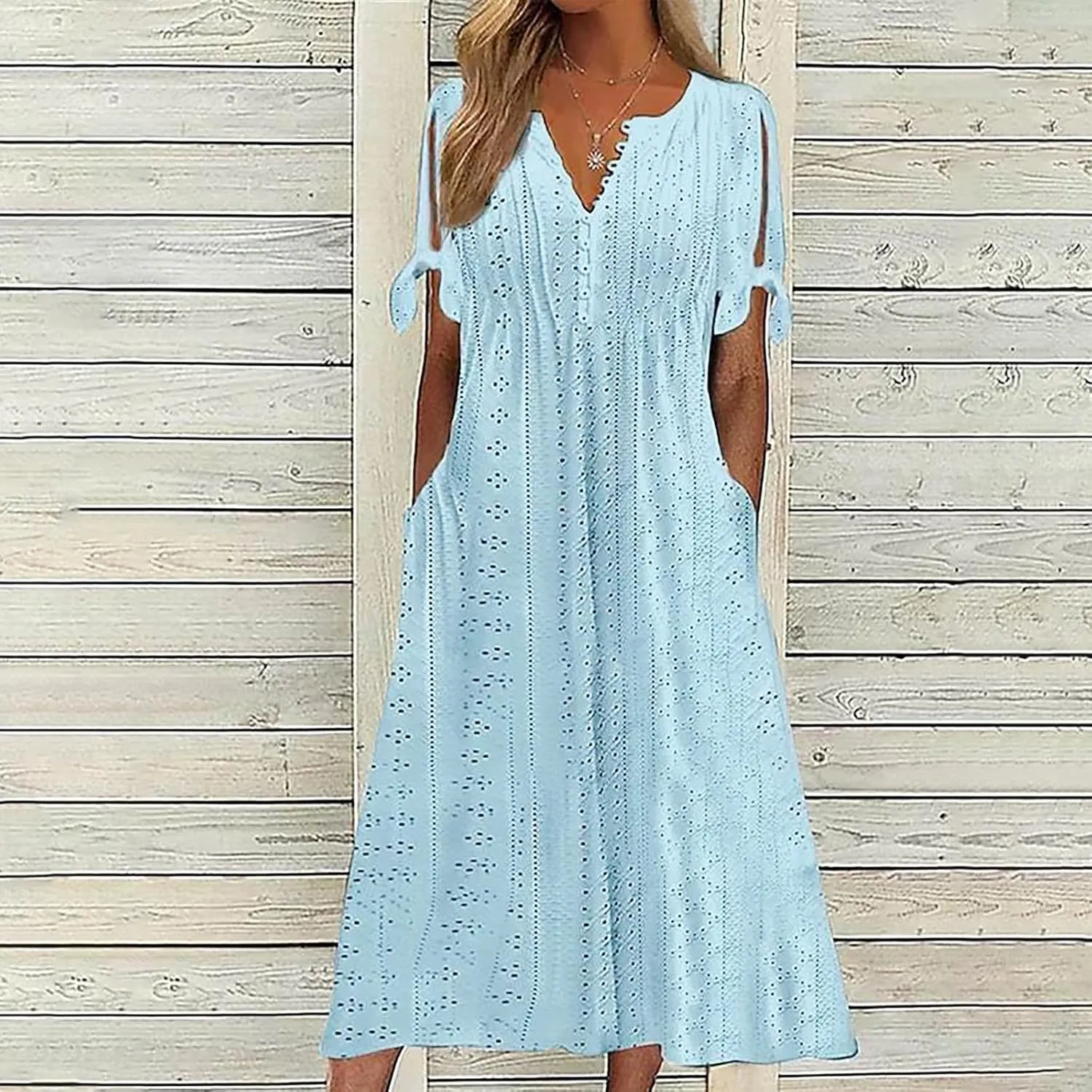 Elegant Summer Dresses for Women 2024 Trendy Tie Short Sleeve Button Down v Neck Eyelet Maxi Long Tshirt Dress