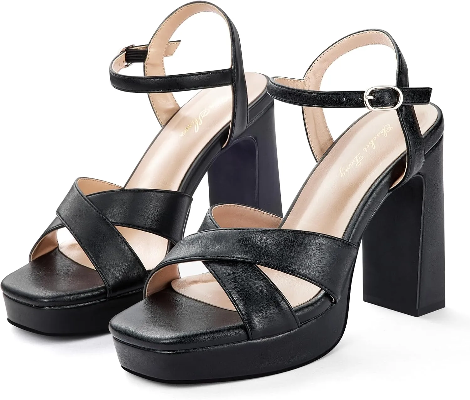 Elisabet Tang Chunky Platform Heeled Sandals for Women Sexy Square Toe Heels High Ankle Strappy Sandals for Summer Wedding Party Prom and Dating