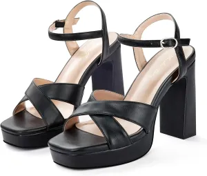 Elisabet Tang Chunky Platform Heeled Sandals for Women Sexy Square Toe Heels High Ankle Strappy Sandals for Summer Wedding Party Prom and Dating