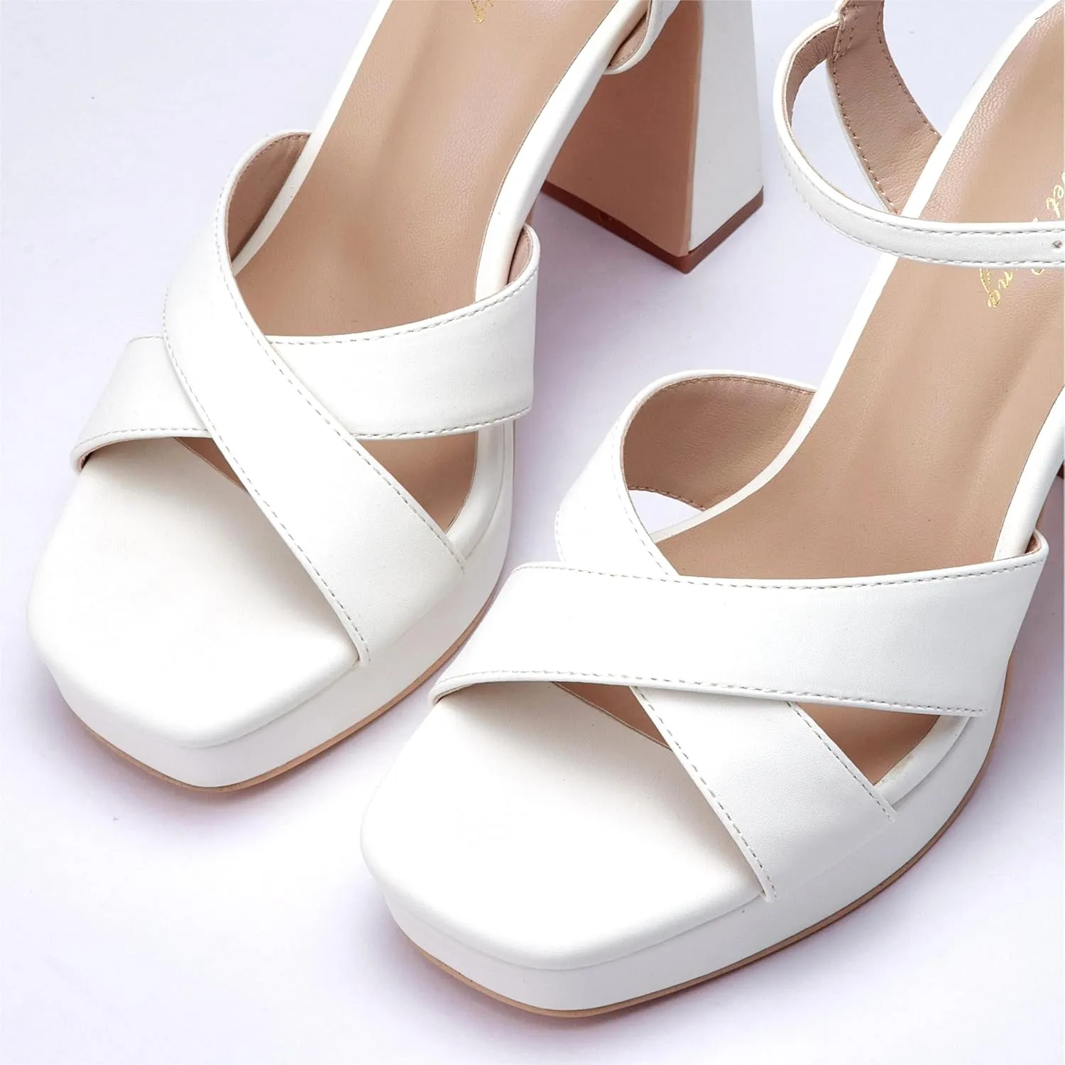 Elisabet Tang Chunky Platform Heeled Sandals for Women Sexy Square Toe Heels High Ankle Strappy Sandals for Summer Wedding Party Prom and Dating