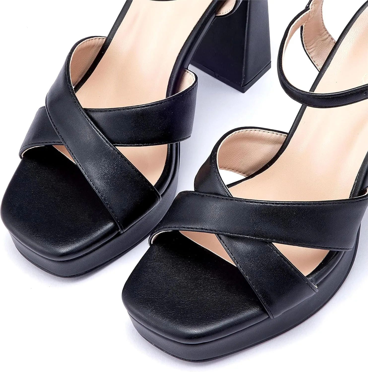 Elisabet Tang Chunky Platform Heeled Sandals for Women Sexy Square Toe Heels High Ankle Strappy Sandals for Summer Wedding Party Prom and Dating