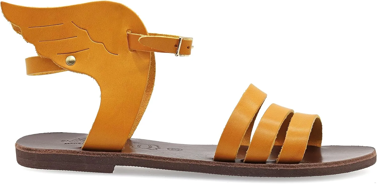 Emmanuela Ancient Greek Leather Sandals with adjustable buckle strap, Quality Handmade Summer Shoes for Women, Boho Chic Strappy Sandals with Wings Rose Gold, White, Black, Yellow